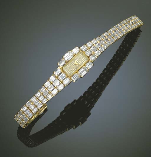 VACHERON CONSTANTIN. A SUPERB LADY'S 18K GOLD AND DIAMOND-SET RECTANGULAR WRISTWATCH WITH BRACELET