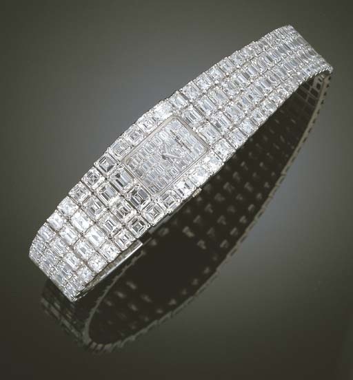 VACHERON CONSTANTIN. A SUPERB AND RARE 18K WHITE GOLD AND DIAMOND-SET RECTANGULAR WRISTWATCH WITH BRACELET