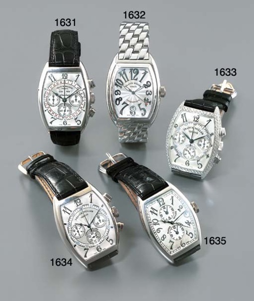 FRANCK MULLER. A STAINLESS STEEL SELF-WINDING TONNEAU-SHAPED TRIPLE CALENDAR CHRONOGRAPH WRISTWATCH