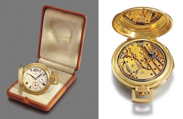 Patek Philippe. A superb and very rare 18K gold hunter case minute repeating perpetual calendar keyless lever watch with phases of the moon