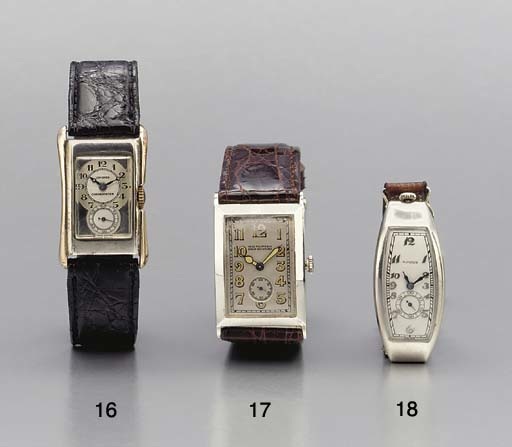 Movado. A rare white gold curved tonneau-shaped hinged wristwatch