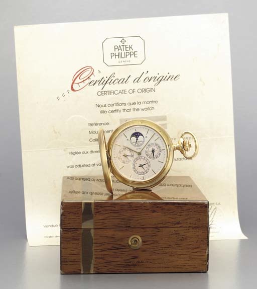 Patek Philippe. A rare and important 18K gold hunter case perpetual calendar minute repeating keyless lever watch with equation of time and phases of the moon