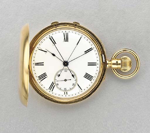 Reid & Sons. A fine 18K gold hunter case two-train keyless lever watch with independent split-second chronograph