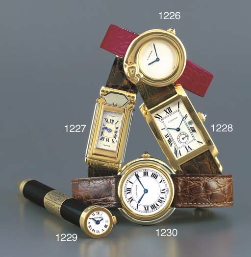 CARTIER. AN 18K THREE-COLOURED GOLD RECTANGULAR CONVERTED WRISTWATCH