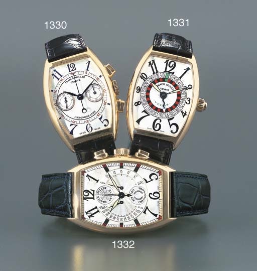 FRANCK MULLER. AN 18K PINK GOLD TONNEAU-SHAPED CHRONOGRAPH WRISTWATCH