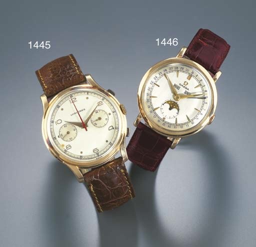 OMEGA. AN 18K GOLD TRIPLE CALENDAR WRISTWATCH WITH PHASES OF THE MOON