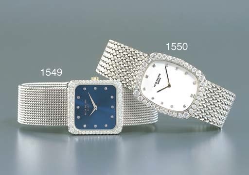 PATEK PHILIPPE. A FINE 18K WHITE GOLD AND DIAMOND-SET TONNEAU-SHAPED WRISTWATCH WITH BRACELET