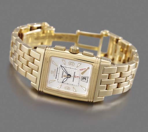 Jaeger-LeCoultre. A fine 18K gold dual dial Reverso chronograph wristwatch with date and bracelet