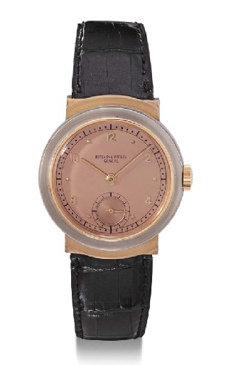 Patek Philippe. A rare and unusual stainless steel and 18K pink gold wristwatch with hooded lugs