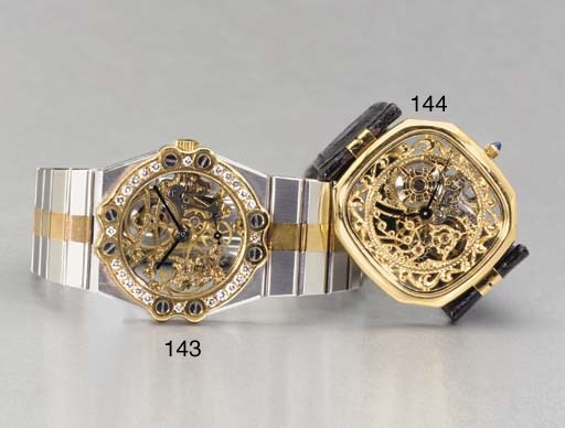 PATEK PHILIPPE. A FINE 18K GOLD SKELETONIZED WRISTWATCH