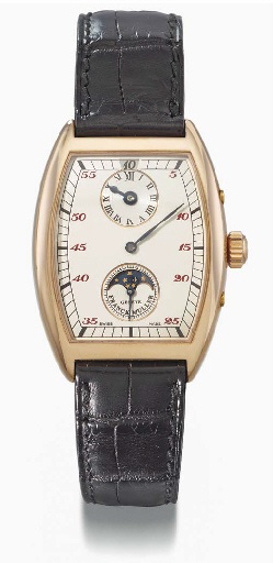 Franck Muller. An 18K pink gold tonneau-shaped jump hour wristwatch with phases of the moon