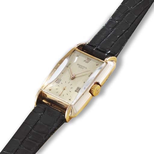 Patek Philippe. A fine and rare 18K pink gold rectangular wristwatch
