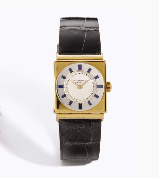 Patek Philippe. A very fine and extremely rare platinum and 18K yellow gold square wristwatch with hooded lugs