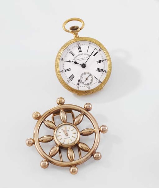 Patek Philippe & Rolex. A lot of one 18K gold openface keyless lever pendant watch and one 18K pink gold helm-shaped brooch watch