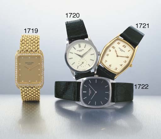 PATEK PHILIPPE. AN 18K GOLD AND DIAMOND-SET RECTANGULAR WRISTWATCH WITH BRACELET