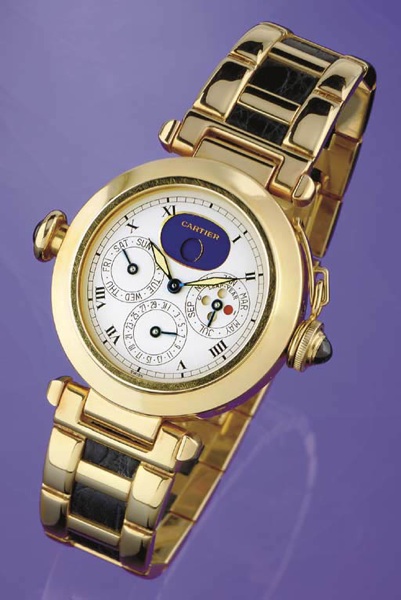 CARTIER. A RARE 18K GOLD AUTOMATIC MINUTE REPEATING PERPETUAL CALENDAR WRISTWATCH WITH MOON PHASES AND BRACELET