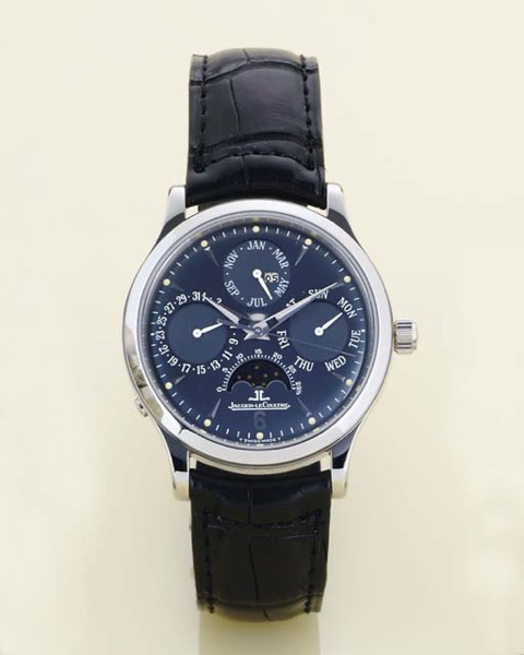 JAEGER-LECOULTRE. A LIMITED EDITION PLATINUM AUTOMATIC PERPETUAL CALENDAR WRISTWATCH WITH CENTER SECONDS AND MOON PHASES