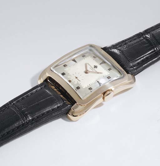 Vacheron Constantin. A very fine and rare oversized 18K pink gold square-shaped wristwatch with two-tone dial