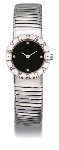 Bulgari. A stainless steel and diamond-set ladies wristwatch with bangle bracelet
