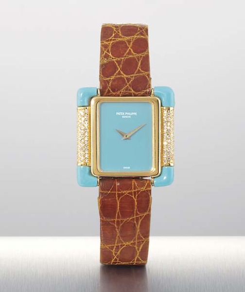 PATEK PHILIPPE. AN UNUSUAL LADY'S 18K GOLD, DIAMOND AND TURQUOISE-SET RECTANGULAR WRISTWATCH