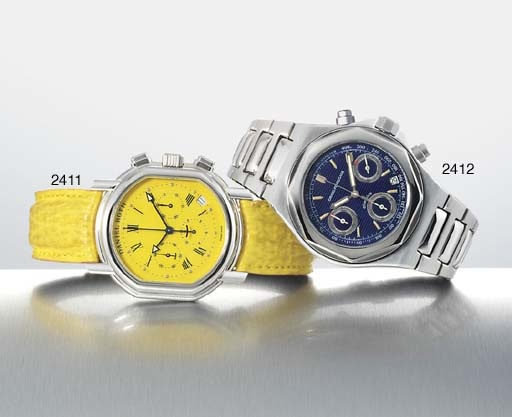 GIRARD-PERREGAUX. A LIMITED EDITION STAINLESS STEEL TONNEAU-SHAPED AUTOMATIC CHRONOGRAPH WRISTWATCH WITH DATE AND BRACELET