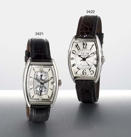 FRANCK MULLER. A FINE 18K WHITE GOLD TONNEAU-SHAPED AUTOMATIC TRIPLE CALENDAR WRISTWATCH WITH SWEEP CENTRE SECONDS