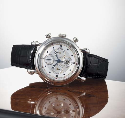 FRANCK MULLER. A RARE LIMITED EDITION 18K WHITE GOLD AUTOMATIC PERPETUAL CALENDAR CHRONOGRAPH WRISTWATCH