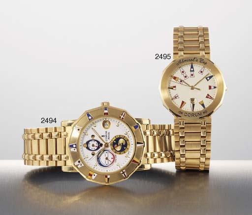 CORUM. AN 18K GOLD DODECAHEDRAL AUTOMATIC WRISTWATCH WITH TIDE INDICATION, PHASES OF THE MOON, SWEEP CENTRE SECONDS, DATE AND BRACELET