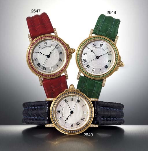 BREGUET. A FINE 18K GOLD, DIAMOND AND RUBY-SET AUTOMATIC WRISTWATCH WITH SWEEP CENTRE SECONDS, DATE AND MOTHER-OF-PEARL DIAL