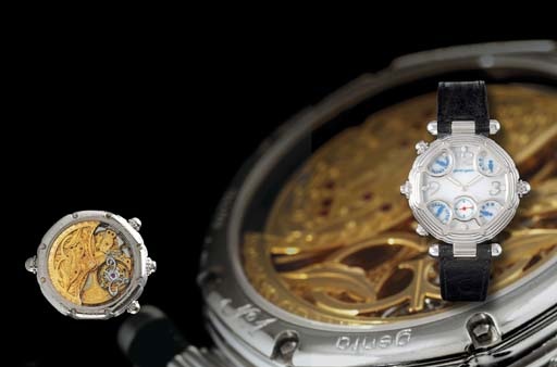 GERALD GENTA. A UNIQUE AND VERY FINE 18K WHITE GOLD AND DIAMOND-SET AUTOMATIC MINUTE REPEATING GRANDE SONNERIE TOURBILLON WRISTWATCH WITH POWER RESERVE, MOTHER-OF-PEARL DIAL AND WESTMINSTER CHIME