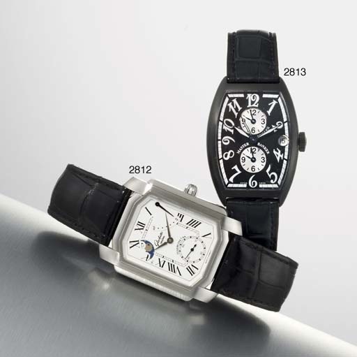 FRANCK MULLER. AN ANODISED STEEL TONNEAU-SHAPED AUTOMATIC TRIPLE TIME WRISTWATCH WITH SWEEP CENTRE SECONDS AND DATE