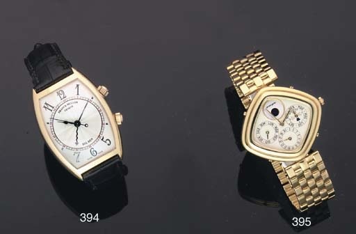 Franck Muller. An 18ct Gold Tonneau Centre Seconds Alarm Wristwatch