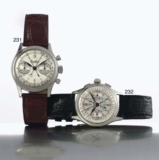 BREITLING. A RARE STAINLESS STEEL SPLIT SECONDS CHRONOGRAPH WRISTWATCH WITH TWO-TONE DIAL AND PULSEMETER
