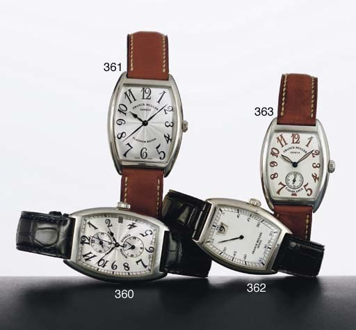 FRANCK MULLER. AN 18K WHITE GOLD TONNEAU AUTOMATIC WRISTWATCH WITH CENTER SECONDS