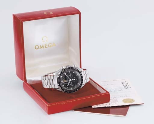 Omega. A rare stainless steel chronograph wristwatch with date, phases of the moon, bracelet and certificate