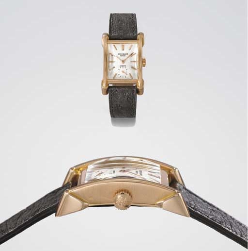 Patek Philippe. An extremely fine, rare and large 18K pink gold rectangular-shaped wristwatch with unusual lugs