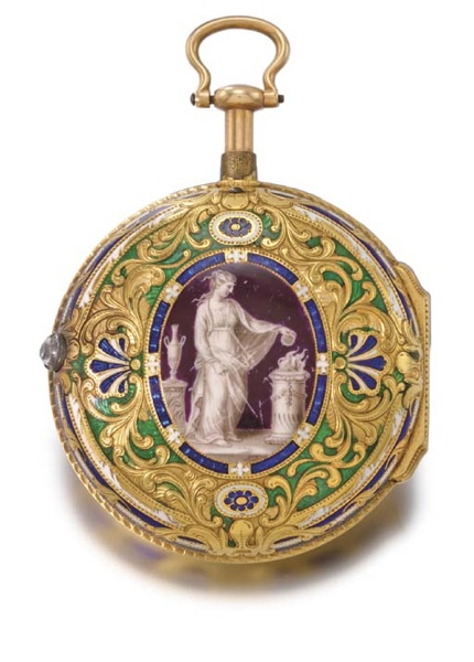 William Allam. A fine 18K gold and enamel quarter repeating verge watch, enamel by Augustin Toussaint