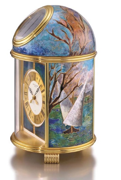 Patek Philippe. A very fine and unique gilt brass solar-powered table clock with cloisonne enamel by Elisabeth Perusset Lagger