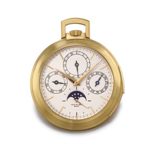 Patek Philippe. A very fine and rare 18K gold openface minute repeating perpetual calendar keyless lever watch with phases of the moon