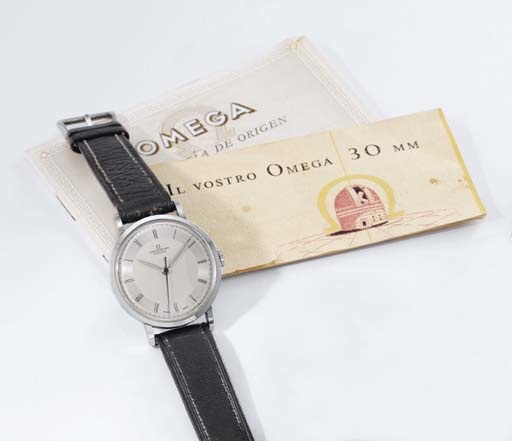 Omega. A fine and rare stainless steel wristwatch with sweep centre seconds, two-tone silvered dial and original documentation