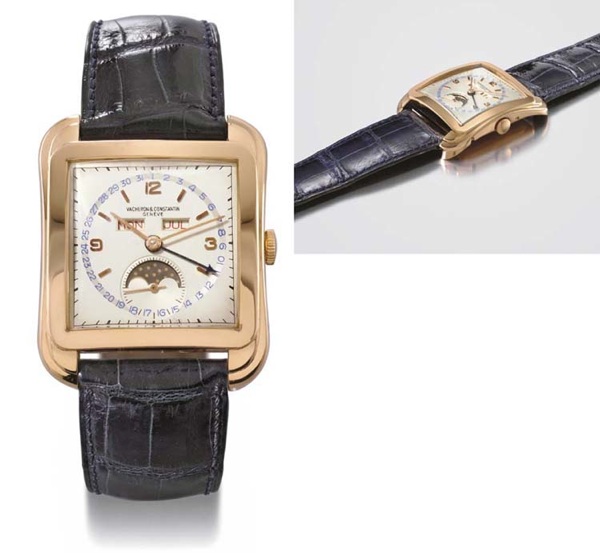 Vacheron Constantin. A very fine, rare and large 18K pink gold square-shaped triple calendar wristwatch with phases of the moon and two-tone dial