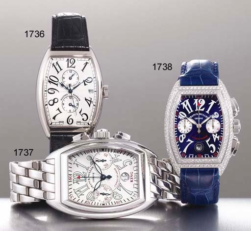 FRANCK MULLER. A FINE 18K WHITE GOLD TONNEAU-SHAPED AUTOMATIC TRIPLE TIME WRISTWATCH WITH SWEEP CENTRE SECONDS AND DATE