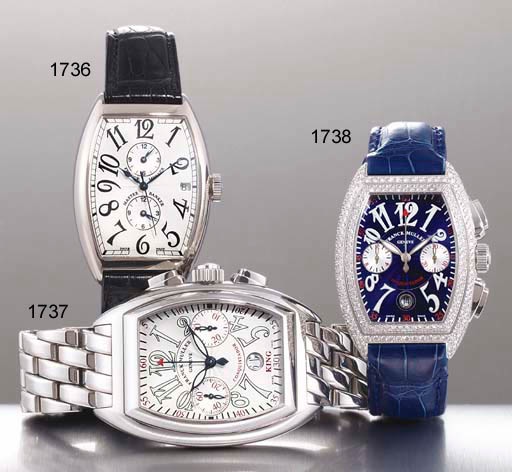 FRANCK MULLER. A FINE 18K WHITE GOLD AND DIAMOND-SET TONNEAU-SHAPED AUTOMATIC CHRONOGRAPH WRISTWATCH WITH DATE