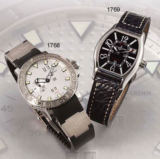 ULYSSE NARDIN. A STAINLESS STEEL TONNEAU-SHAPED AUTOMATIC WRISTWATCH WITH SWEEP CENTRE SECONDS AND DATE