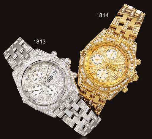 BREITLING. A VERY RARE LIMITED EDITION 18K WHITE GOLD AND DIAMOND-SET AUTOMATIC CHRONOGRAPH WRISTWATCH WITH DATE AND BRACELET