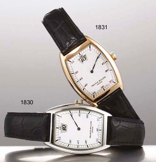 FRANCK MULLER. A FINE 18K PINK GOLD TONNEAU-SHAPED JUMP HOUR WRISTWATCH