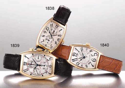 FRANCK MULLER. A FINE 18K PINK GOLD TONNEAU-SHAPED AUTOMATIC TRIPLE CALENDAR WRISTWATCH WITH SWEEP CENTRE SECONDS
