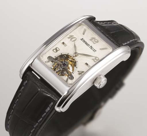 AUDEMARS PIGUET. A FINE AND RARE 18K WHITE GOLD RECTANGULAR TOURBILLON WRISTWATCH