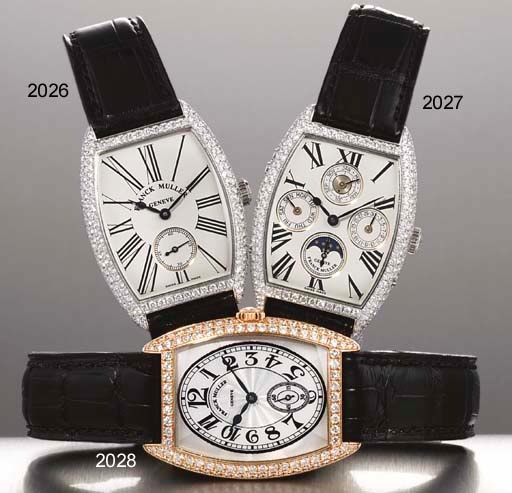FRANCK MULLER. A FINE PLATINUM AND DIAMOND-SET TONNEAU-SHAPED PERPETUAL CALENDAR WRISTWATCH WITH PHASES OF THE MOON