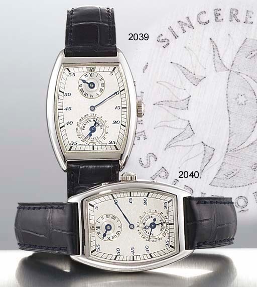 FRANCK MULLER. A FINE AND VERY RARE LIMITED EDITION PLATINUM TONNEAU-SHAPED DUAL TIME JUMP HOUR WRISTWATCH WITH DATE